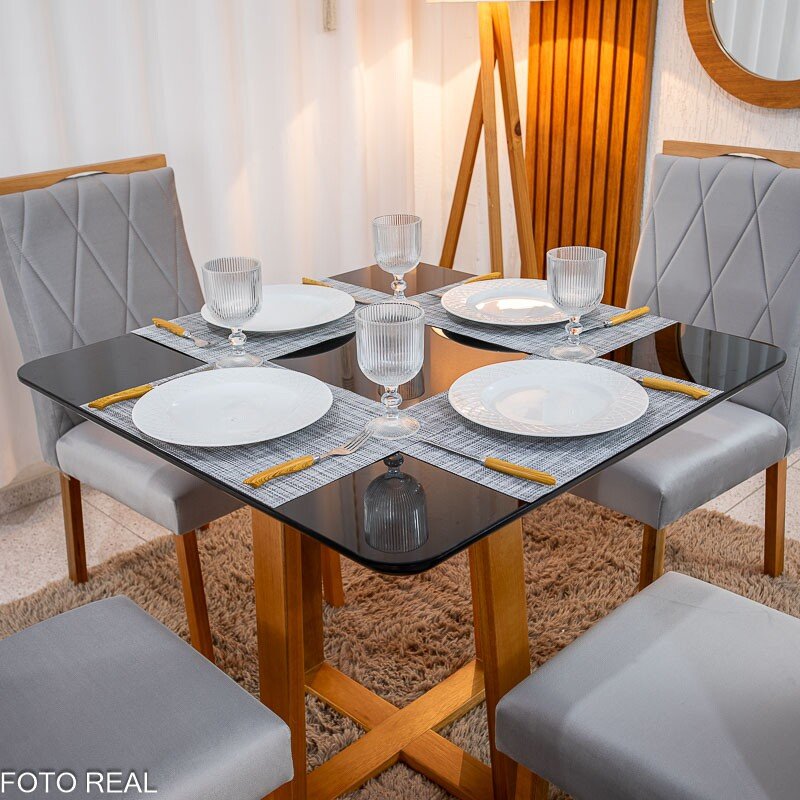 Mesa de Jantar Pedro 90×90 Vidro Preto/Base Madeira + 4 Cad. Lisboa Veludo Prata 514 Madeira Entregue Montada - Art Assento - Imagem 2