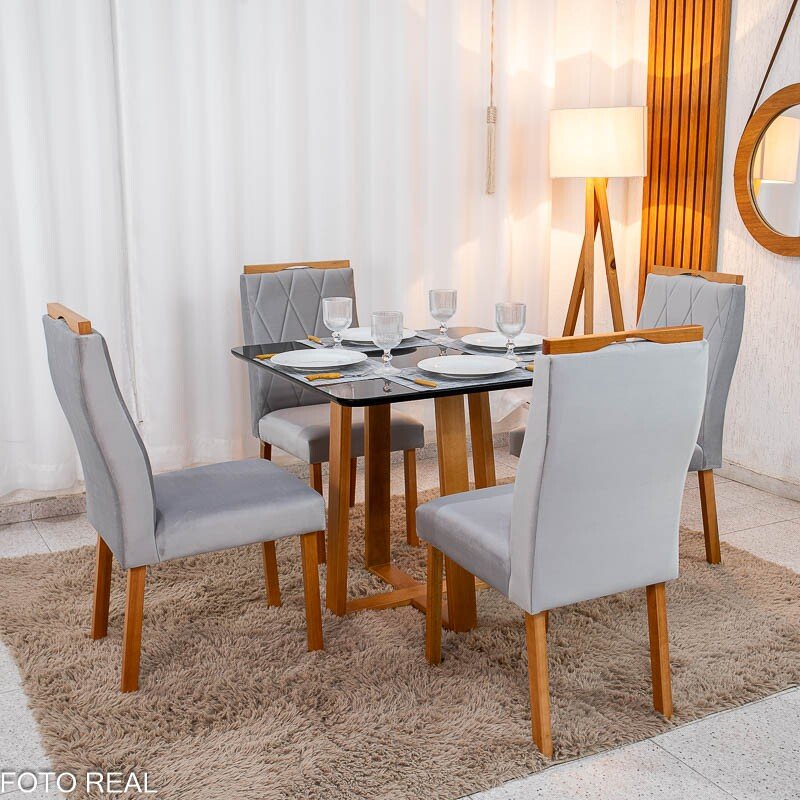 Mesa de Jantar Pedro 90×90 Vidro Preto/Base Madeira + 4 Cad. Lisboa Veludo Prata 514 Madeira Entregue Montada - Art Assento - Imagem 3