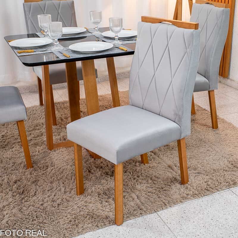 Mesa de Jantar Pedro 90×90 Vidro Preto/Base Madeira + 4 Cad. Lisboa Veludo Prata 514 Madeira Entregue Montada - Art Assento - Imagem 4