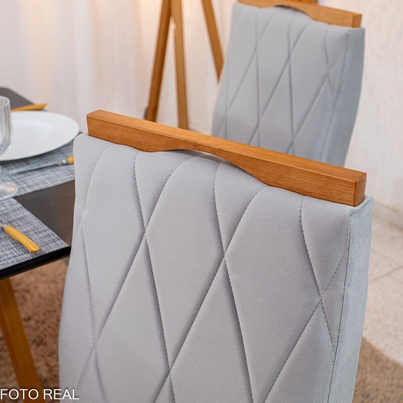 Mesa de Jantar Pedro 90×90 Vidro Preto/Base Madeira + 4 Cad. Lisboa Veludo Prata 514 Madeira Entregue Montada - Art Assento - Imagem 6