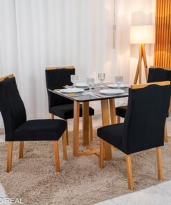 Mesa de Jantar Pedro 90x90 Vidro Preto/Base Madeira + 4 Cad. Lisboa Veludo Preto 504 Madeira Art Assento - Entregue Montada