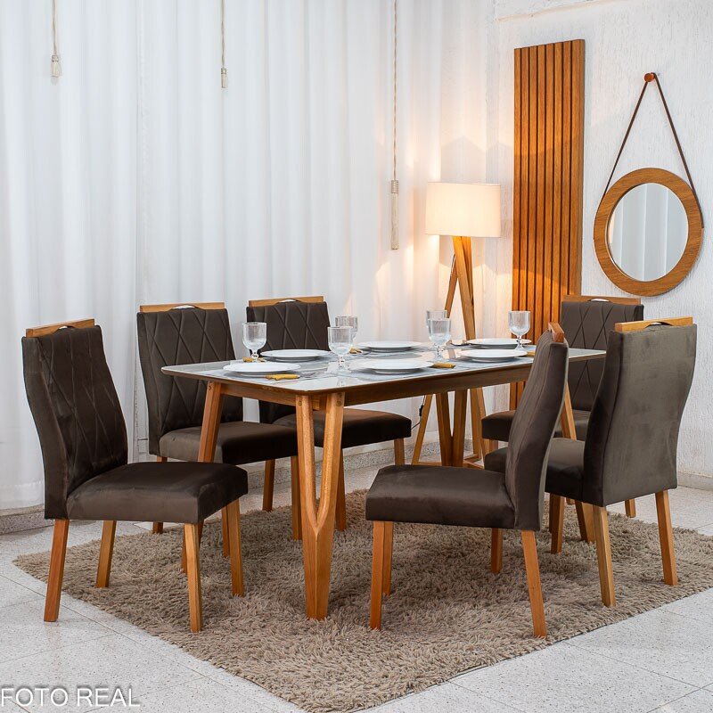 Mesa de Jantar Siena 160x90 Vidro Off/Base Madeira + 6 Cad. Lisboa Veludo Marrom 509 Madeira Art Assento - Entregue Montada - Imagem 3
