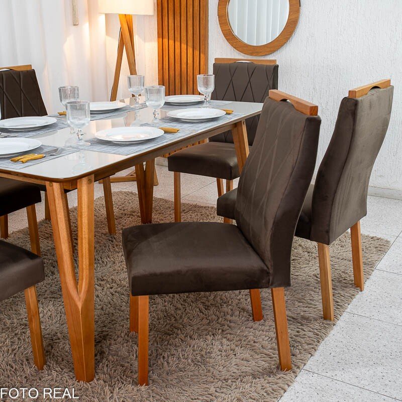 Mesa de Jantar Siena 160x90 Vidro Off/Base Madeira + 6 Cad. Lisboa Veludo Marrom 509 Madeira Art Assento - Entregue Montada - Imagem 4