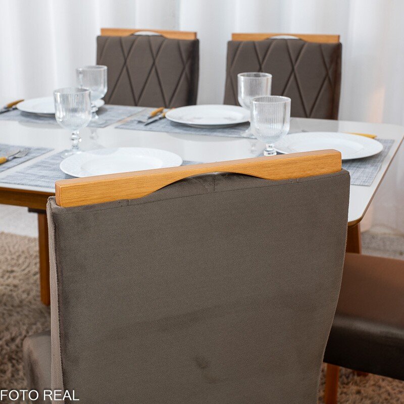 Mesa de Jantar Siena 160x90 Vidro Off/Base Madeira + 6 Cad. Lisboa Veludo Marrom 509 Madeira Art Assento - Entregue Montada - Imagem 5