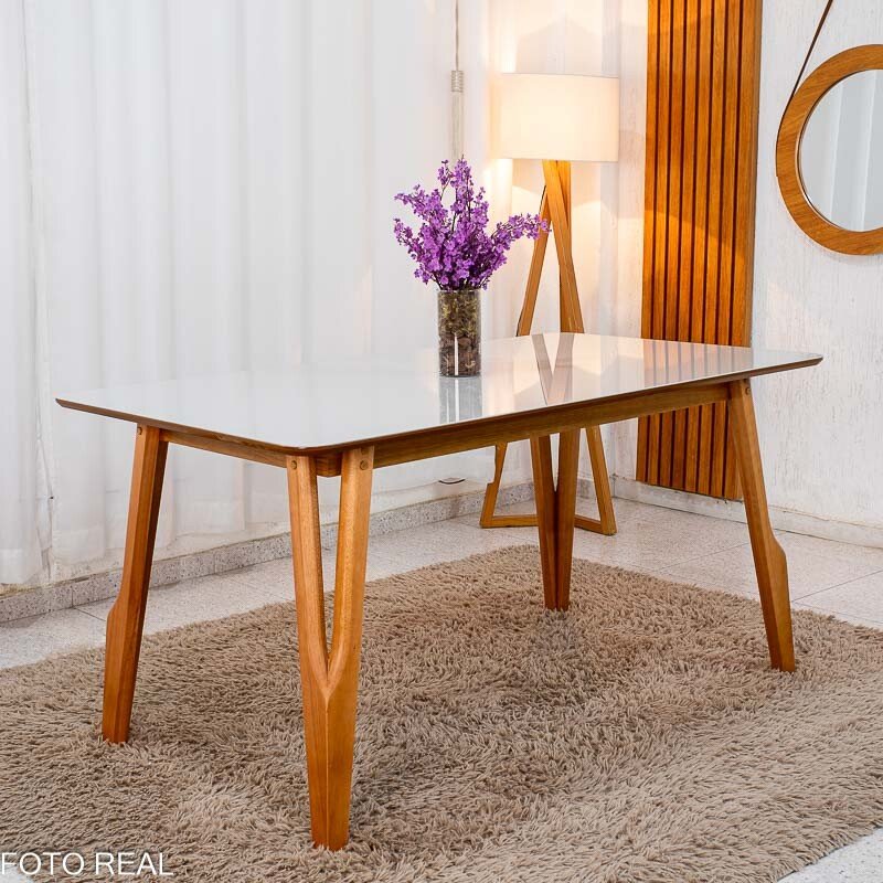 Mesa de Jantar Siena 160x90 Vidro Off/Base Madeira + 6 Cad. Lisboa Veludo Marrom 509 Madeira Art Assento - Entregue Montada - Imagem 6