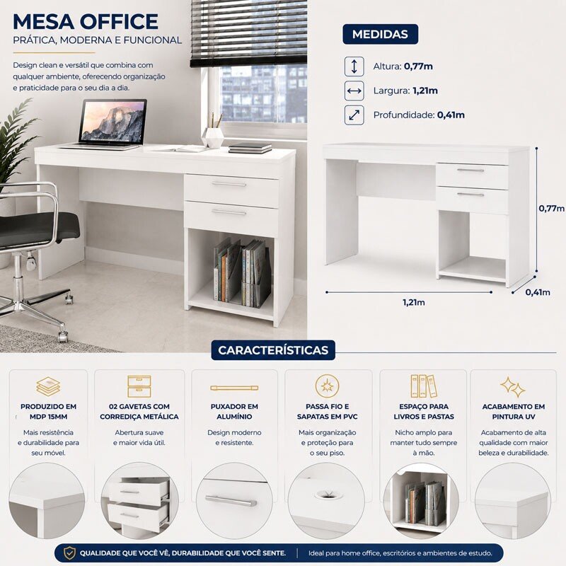 Mesa Office NT 51015 Branco Larg. 1.21m - Notável - Imagem 4