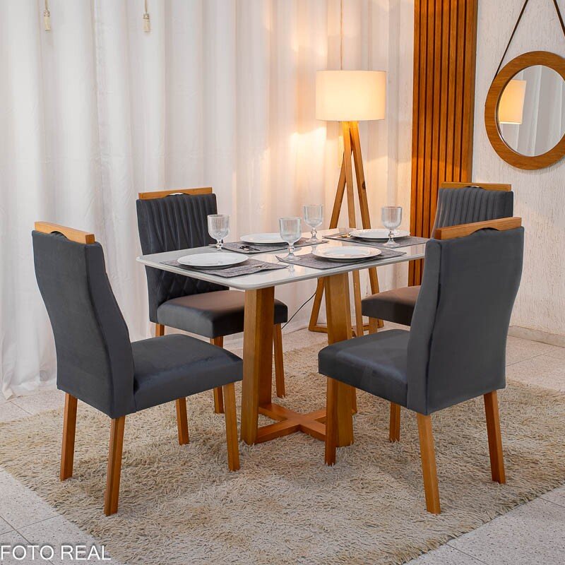 Mesa de Jantar Pedro 120×80 Vidro Off/Base Madeira + 4 Cad. Gênova Veludo Cinza 507 Madeira Art Assento - Entregue Montada - Imagem 2