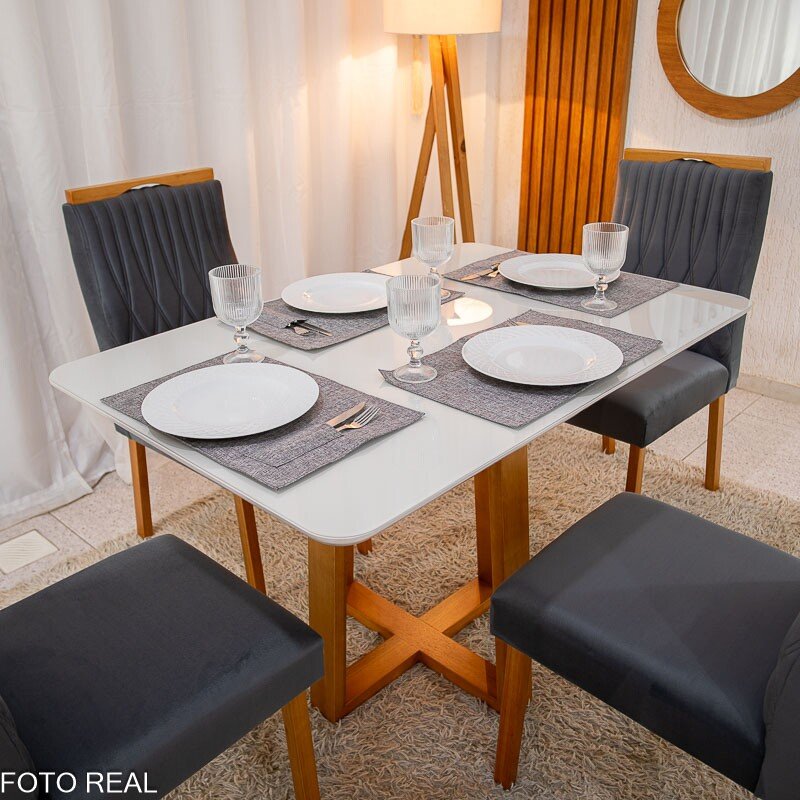 Mesa de Jantar Pedro 120×80 Vidro Off/Base Madeira + 4 Cad. Gênova Veludo Cinza 507 Madeira Art Assento - Entregue Montada - Imagem 3