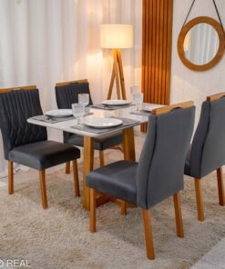 Mesa de Jantar Pedro 120×80 Vidro Off/Base Madeira + 4 Cad. Gênova Veludo Cinza 507 Madeira Art Assento - Entregue Montada