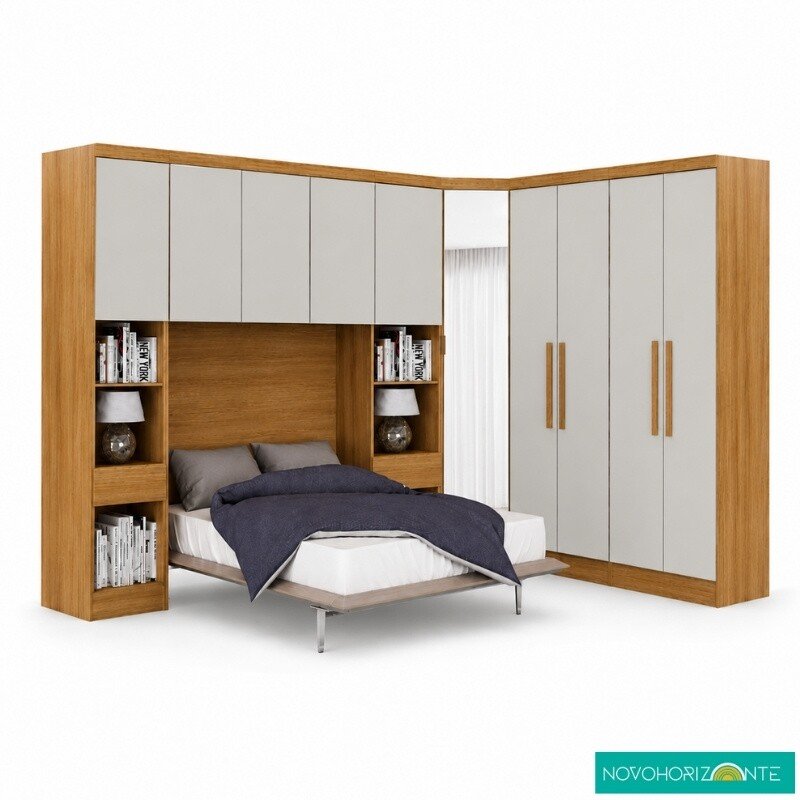 Modulado Cumaru/Fendi Fosco 1 Roupeiro Moderni 4 Pts + 2 Criado Rizon + 1 Canto Oblíquo Rizon C/Espelho + 1 Aéreo 3 portas Rizon - Novo Horizonte