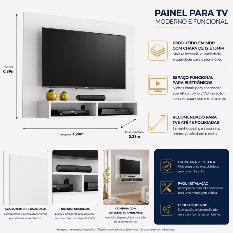 Painel Eros Larg. 1.20m Branco para TVs até 43 Polegadas - Notável - Imagem 3