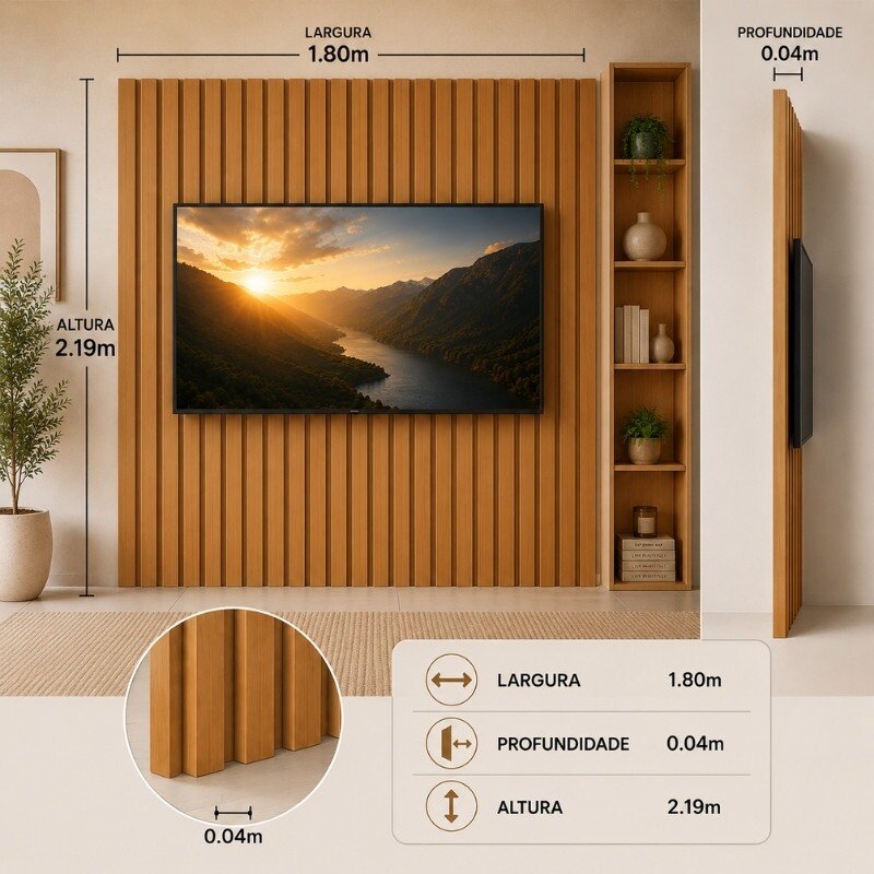 Combo Painel Ripado Plus Modular Nature + Nicho Tucumã Nature/Off + Torre Modular 2.2 Nature + Prateleira Nice Nature Larg. 2.16m - JB Bechara - Imagem 8