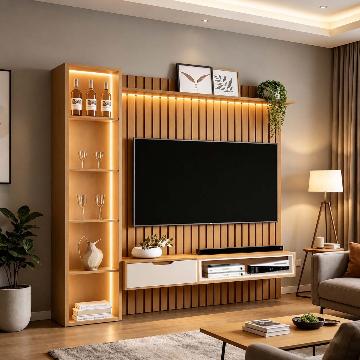Combo Painel Ripado Plus Modular Nature + Nicho Tucumã Nature/Off + Torre Modular 2.2 Nature + Prateleira Nice Nature Larg. 2.16m - JB Bechara