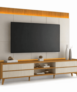Rack Magnífico 212 Larg. 2.18m + Painel Magnífico 220 Nature/Off C/LED e Detalhe Ripado para TV até 85" - Gelius
