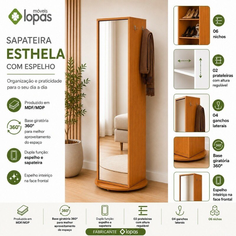 Sapateira Esthela Amêndoa C/Base Giratória e Espelho Larg. 0.60m - Móveis Lopas - Imagem 5