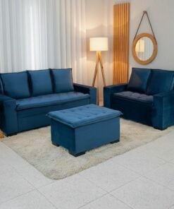 Sofá 3 e 2 lugares França com Puff Veludo Azul A16