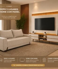 Sofá 3 lug. 8100 2.00m Linho Bege 24 + Rack Magnífico 212 Larg. 2.18m + Painel Magnífico 220 Nature/Off C/LED e Ripado TV até 85" - Gelius