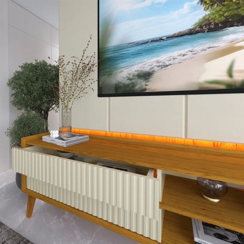 Sofá 3 lug. 8100 2.00m Linho Bege 24 + Rack Magnífico 212 Larg. 2.18m + Painel Magnífico 220 Nature/Off C/LED e Ripado TV até 85" - Gelius - Imagem 13