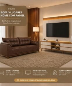 Sofá 3 lug. Gramado 2.10m Korino Nobuck Marrom 3051 + Rack Magnífico 212 Larg. 2.18m + Painel Magnífico 220 Nature/Off C/LED e Ripado TV até 85" - Gelius