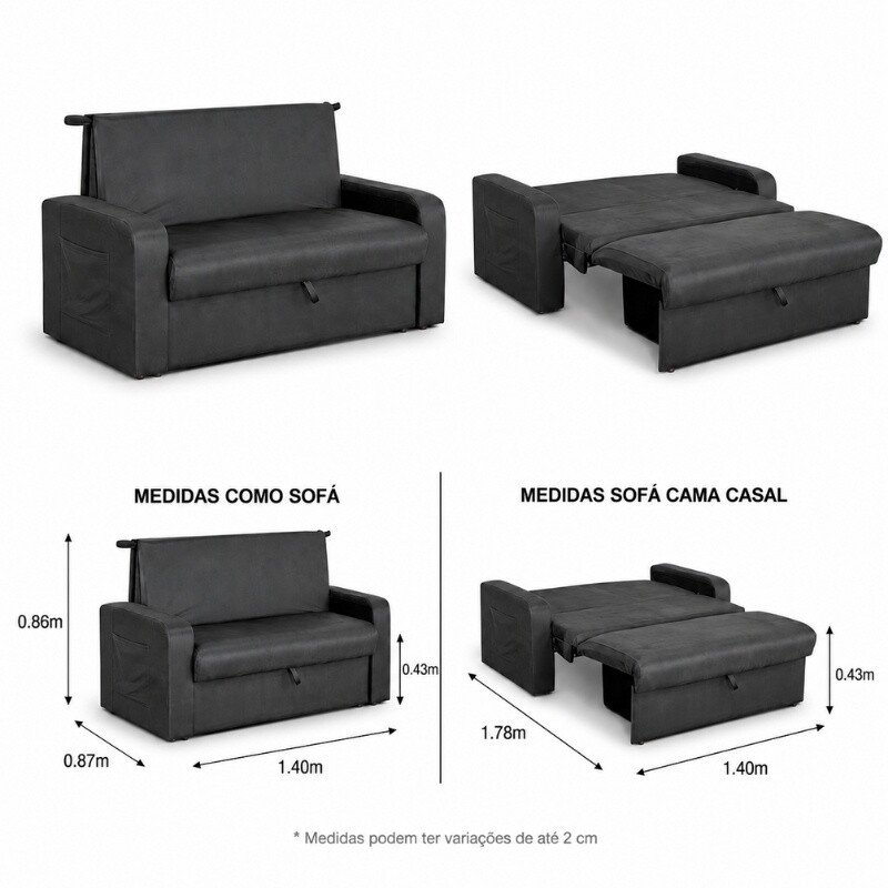 Sofá Cama Daiane Larg. 1.40m C/Baú Veludinho Chumbo 250 - Imagem 2