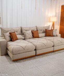 Sofá Retrátil Reclinável Gran Bello 3.20m Linho Bege - Molas Ensacadas
