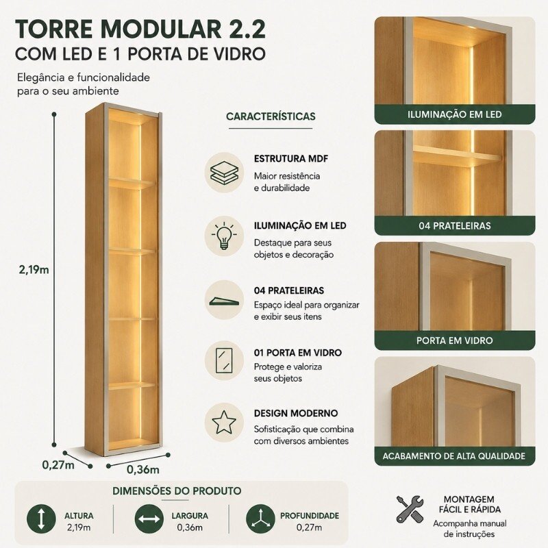 Combo Painel Ripado Plus Modular Nature + Nicho Tucumã Nature/Off + Torre Modular 2.2 Nature + Prateleira Nice Nature Larg. 2.16m - JB Bechara - Imagem 15