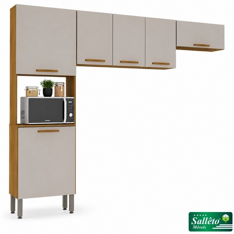 Torre Quente Cozinha New Valência + Aéreo Triplo 3 Portas 1.20m + Aéreo Geladeira New Valência Cinamomo/Off - Sallêto