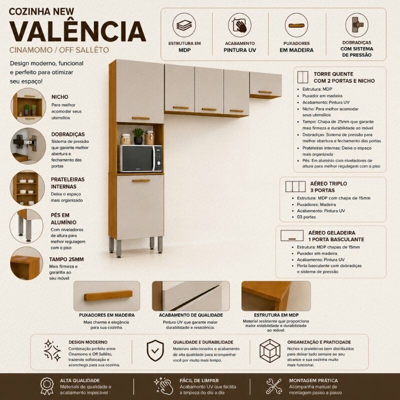 Torre Quente Cozinha New Valência + Aéreo Triplo 3 Portas 1.20m + Aéreo Geladeira New Valência Cinamomo/Off - Sallêto - Imagem 4