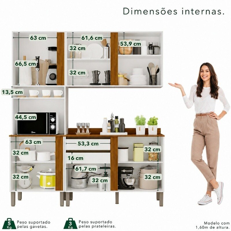 Torre Quente Cozinha Pérola + Balcão 1.20m + Aéreo 2 Portas 1.20m Branco/Cinamomo - Sallêto - Imagem 3